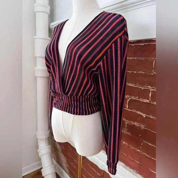 Topshop Striped Plisse Wrap Top in Navy Cropped Plunge Neck Blouse - Picture 4 of 14